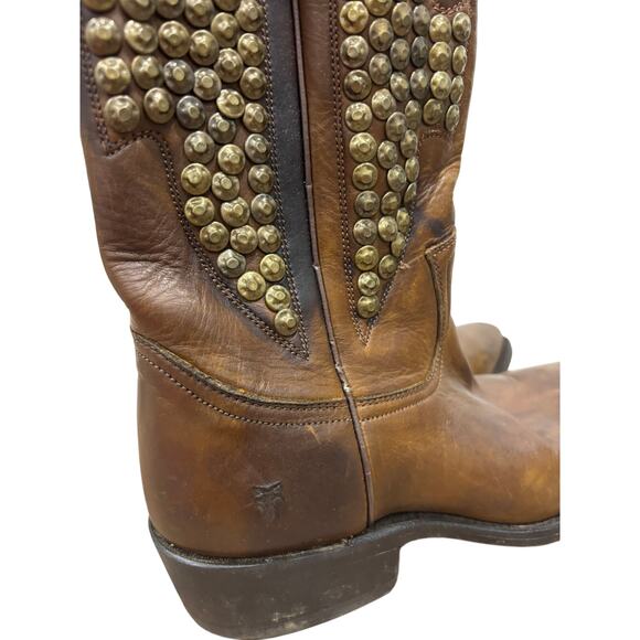 Frye Billy Hammered Stud Cognac Leather Western Cowboy Riding Boot 7.5 7.5 - Picture 7 of 11